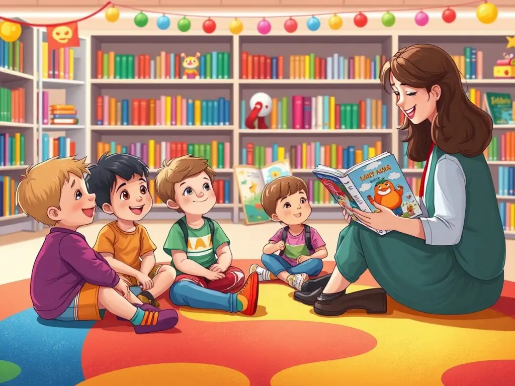 A vibrant photo of children participating in a storytelling session at the AMIS BIBLIOTH CENTRALE PRET library, with a librarian reading aloud from a colorful picture book. The scene is lively and engaging, capturing the joy of reading and learning.