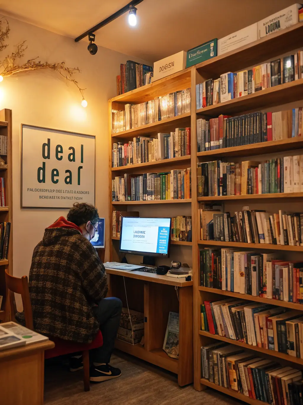 A librarian assisting a visually impaired patron with access to audiobooks and assistive reading devices in a quiet corner of the library.
