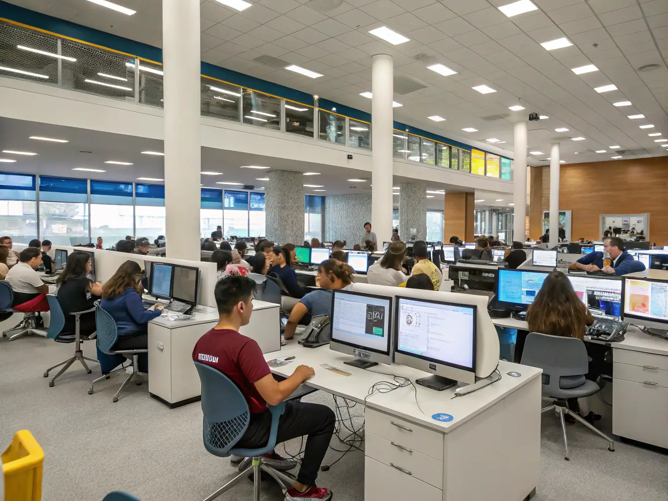 A photograph of adults attending a computer literacy workshop at the AMIS BIBLIOTH CENTRALE PRET library. Participants are actively engaged with computers, guided by an instructor. The setting is a modern, well-equipped computer lab.
