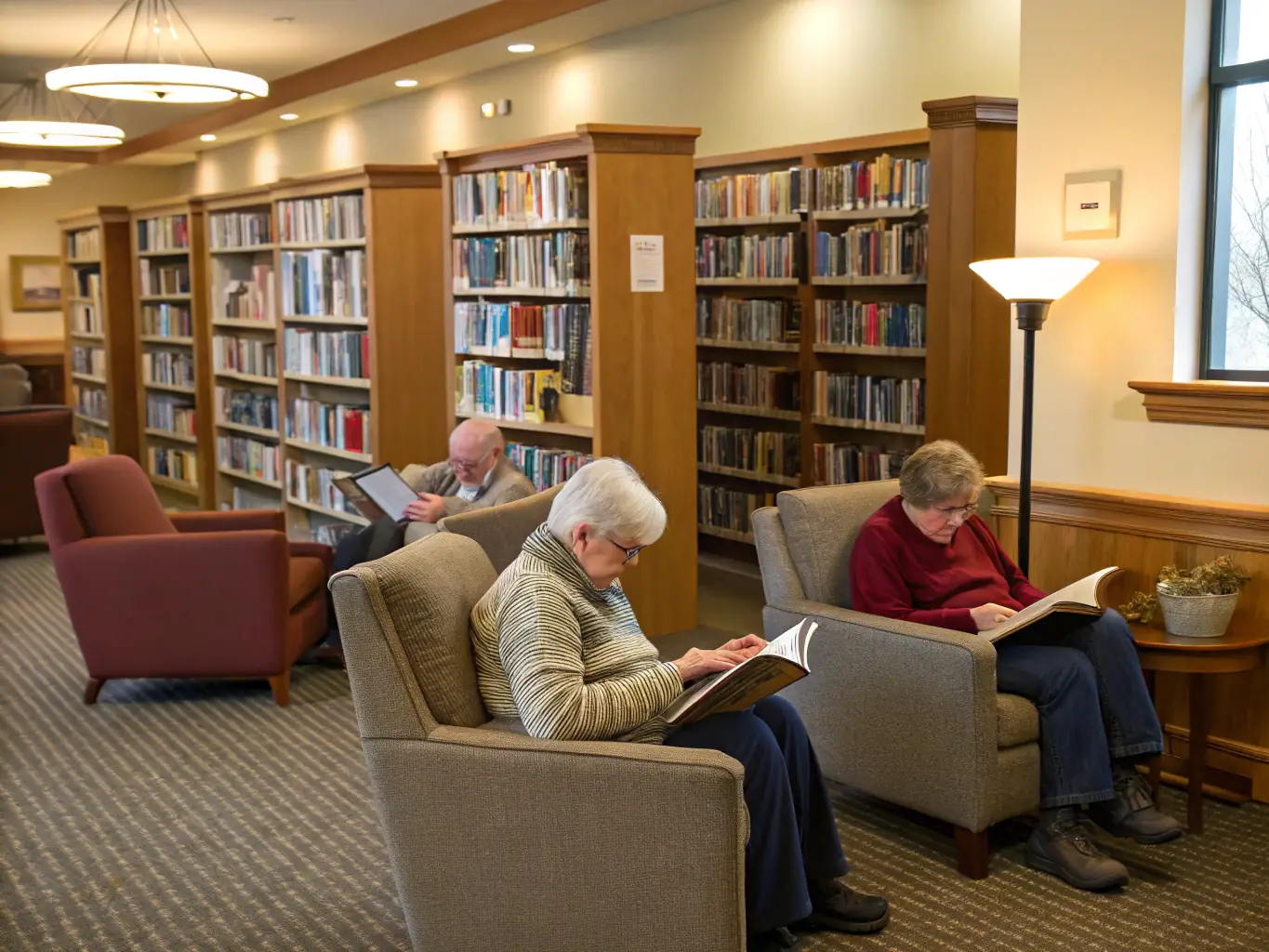 An image of elderly community members enjoying books and social interaction in a comfortable library setting, emphasizing the library's role in social inclusion.