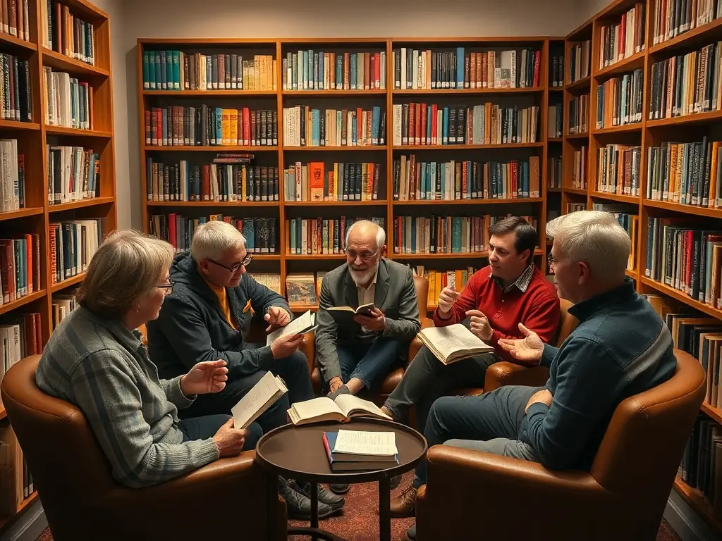 A photo of a book club meeting at the AMIS BIBLIOTH CENTRALE PRET library, with members discussing a book. The atmosphere is relaxed and friendly, with participants sharing their thoughts and insights.