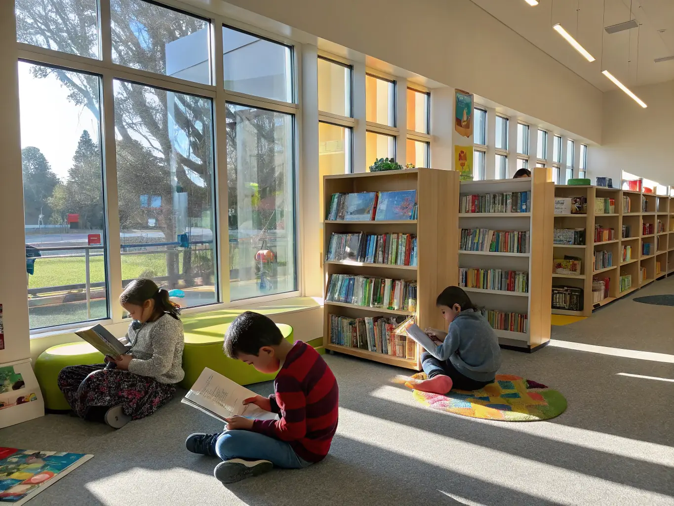 A vibrant image showcasing a diverse collection of books on shelves in the library, with people of different ages browsing and reading.