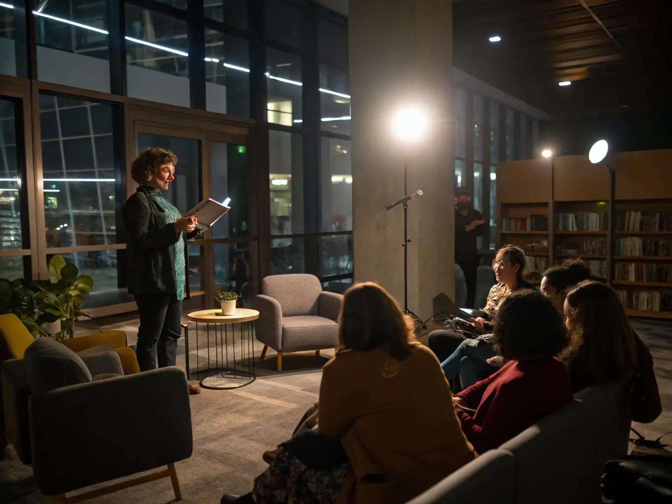 An image capturing a cultural event at the library, such as a book signing, author talk, or musical performance, with attendees enjoying the event.