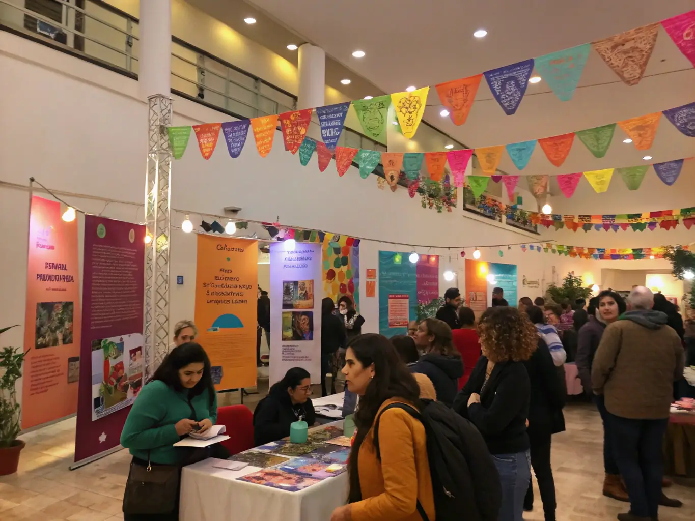 A vibrant scene from a community event at the library, featuring local artists, musicians, and residents engaging in cultural exchange and celebrating diversity.