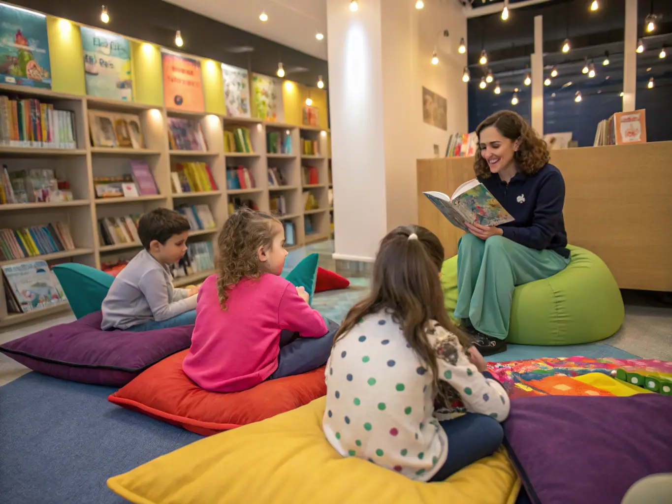 A photograph of children participating in a lively reading program at the library, with a librarian engaging them in storytelling.