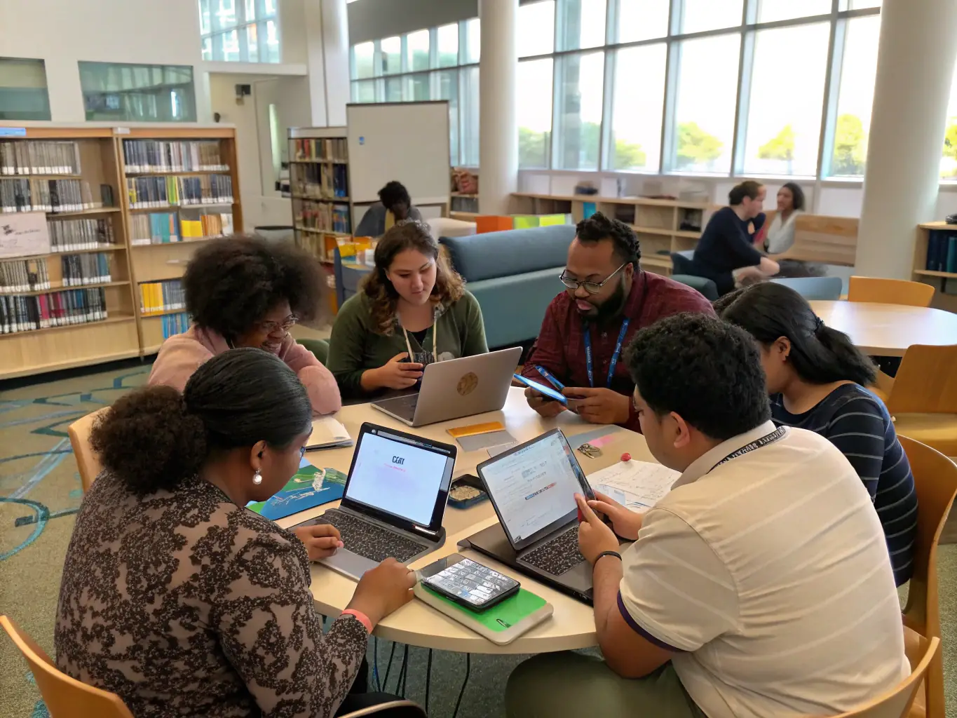 A diverse group of community members and library staff collaborating around a table, reviewing documents and discussing ideas in a bright, modern library setting.