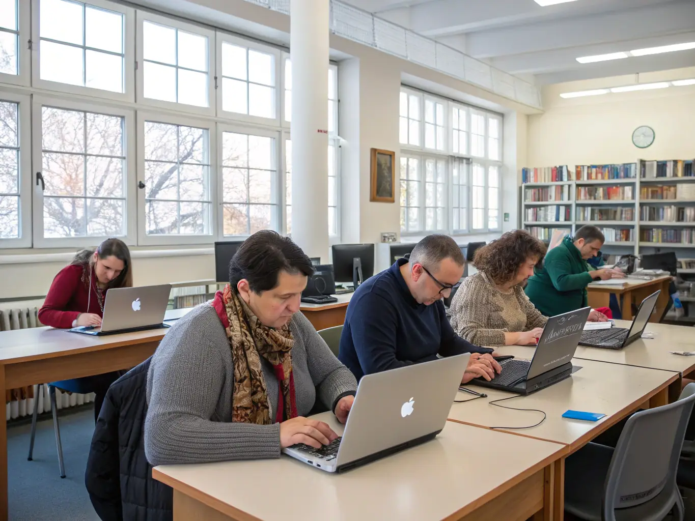 A photograph showcasing a group of adults attending a computer literacy workshop at the library, focused on learning essential digital skills.