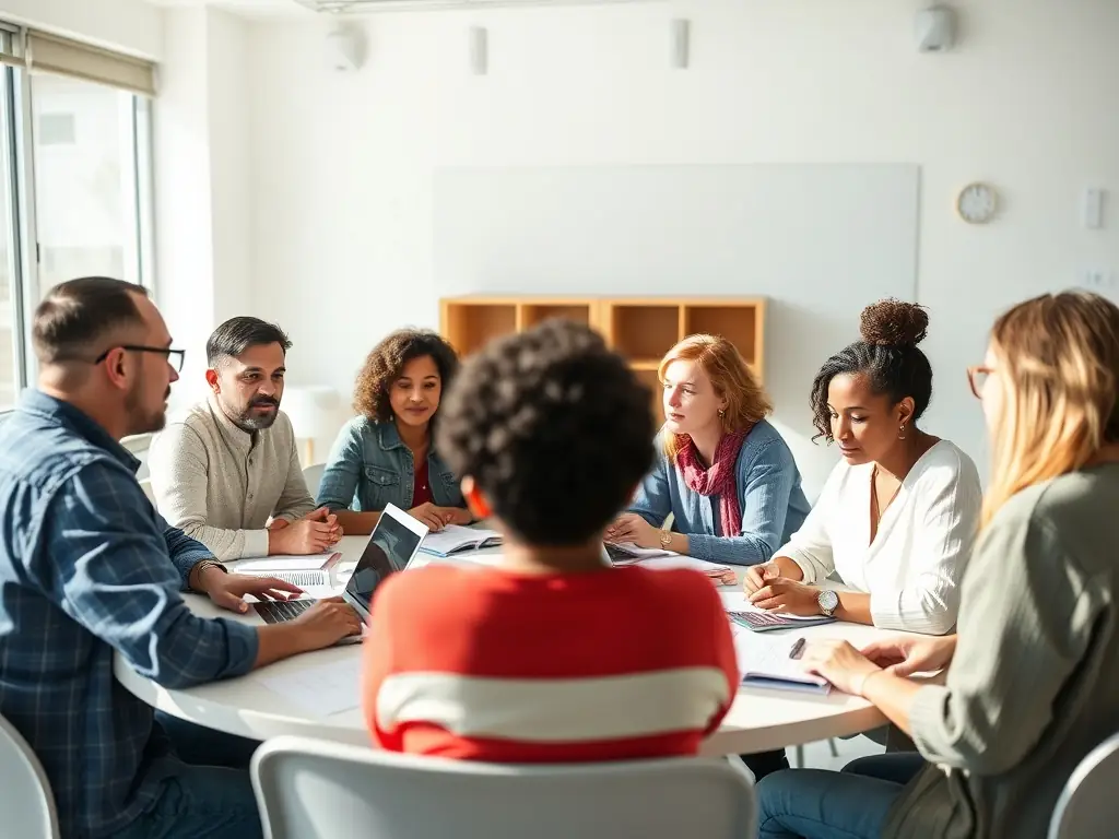 A diverse group of adults participating in a literacy workshop at the library, highlighting the library's commitment to lifelong learning.