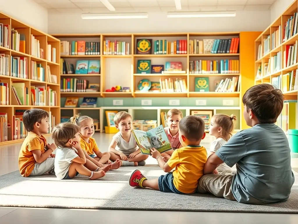 A vibrant image depicting children participating in a storytelling session at the library, surrounded by colorful books and engaging with the storyteller.