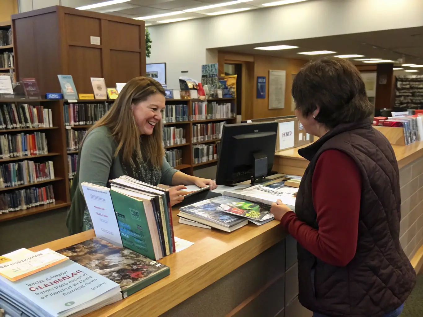 A photograph of a librarian assisting a patron in finding a book, showcasing the library's commitment to personalized service and expertise.