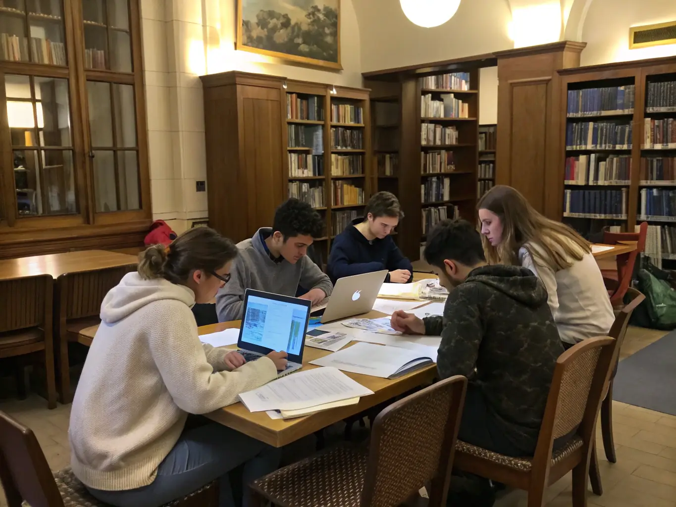 A photograph of students using library resources for a school project, showcasing the library's support for local education.