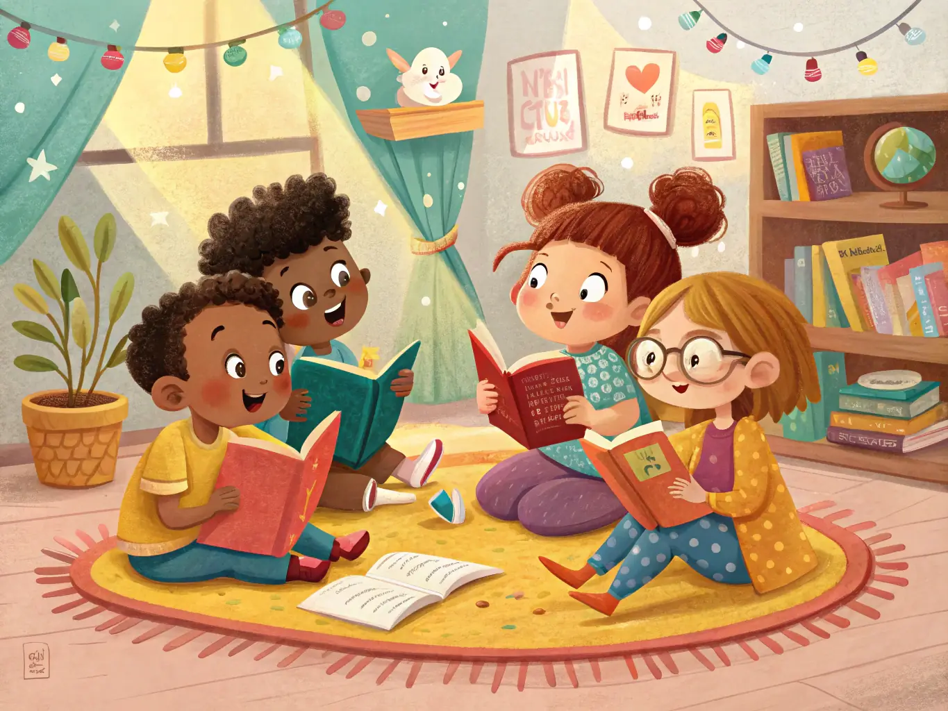 A group of children enthusiastically participating in a storytelling session at the library, surrounded by colorful books and engaging props, showcasing the joy of reading and learning.
