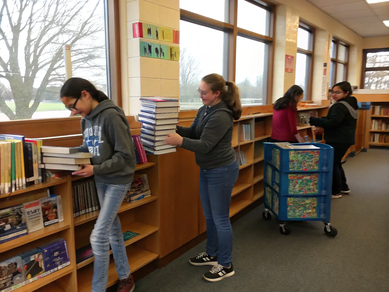 An image of volunteers sorting and organizing donated books at the library, preparing them for distribution to schools and community centers.