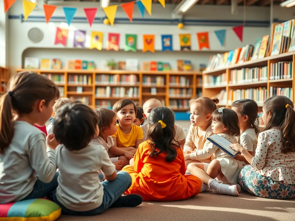 A group of children participating in a reading program, highlighting the library's dedication to fostering a love of reading from a young age.
