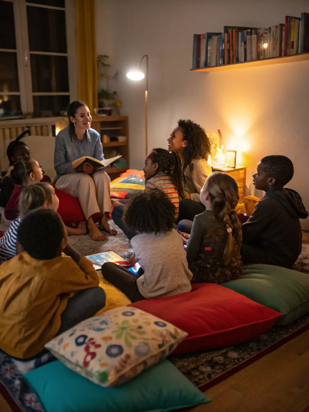 A diverse group of children participating in a bilingual storytime session at the library, with books in both French and another language.