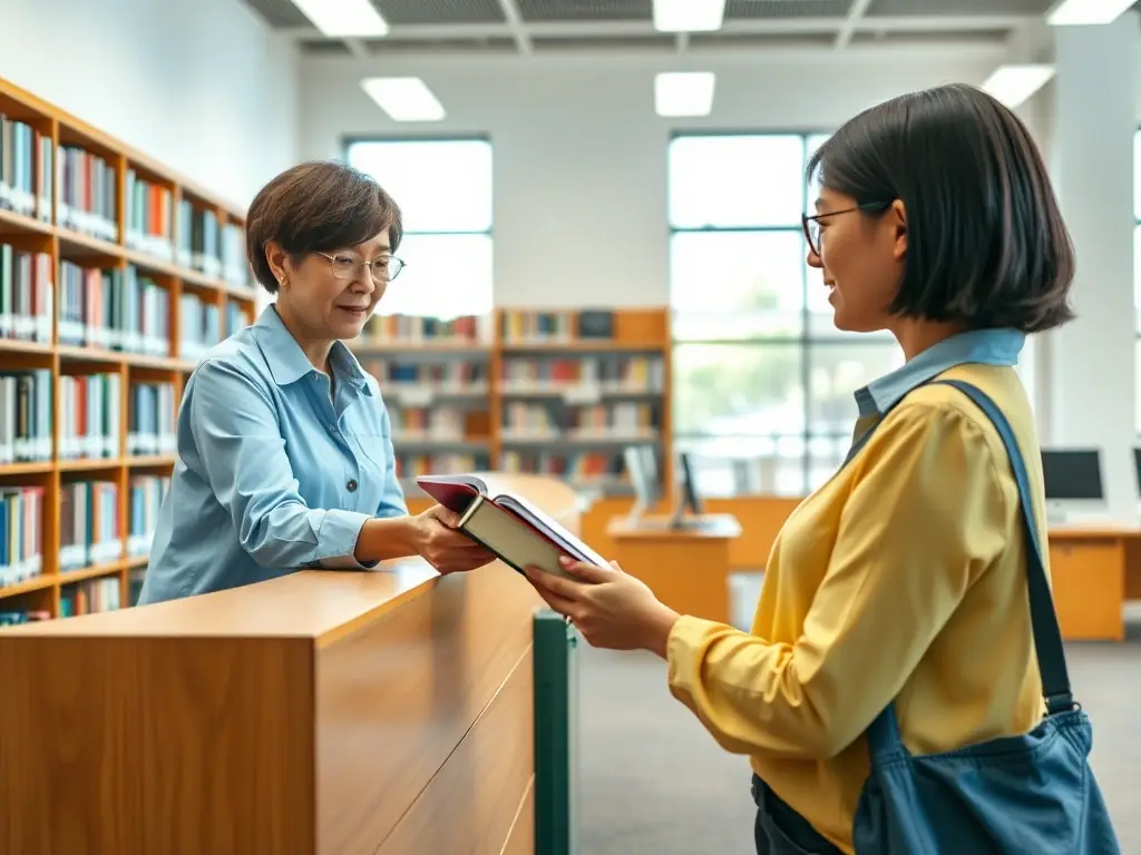 A librarian assisting a student with research, showcasing the library's commitment to providing personalized support and guidance.