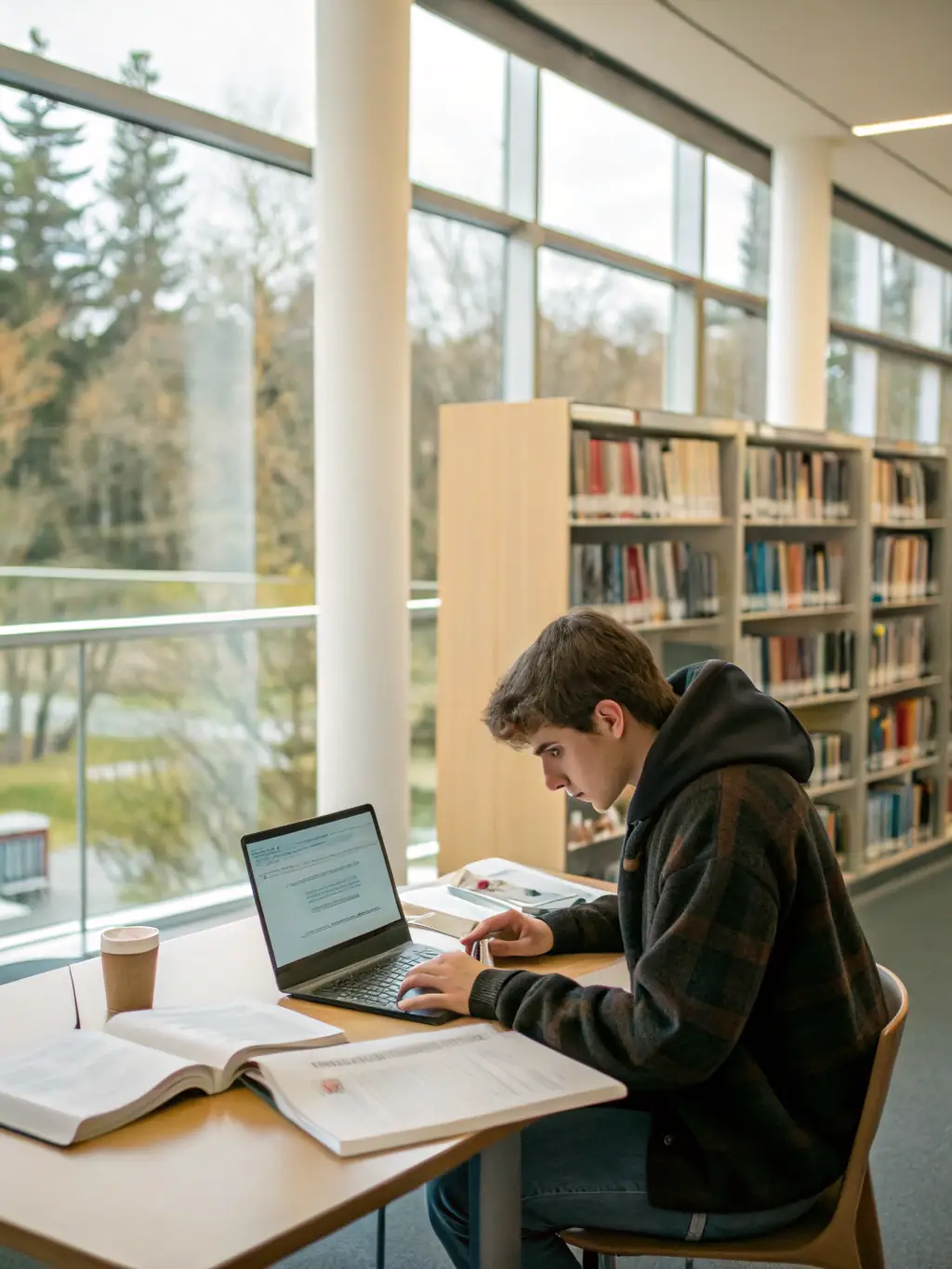 A student using the library's quiet study space, equipped with computers and research materials, to work on a school project.